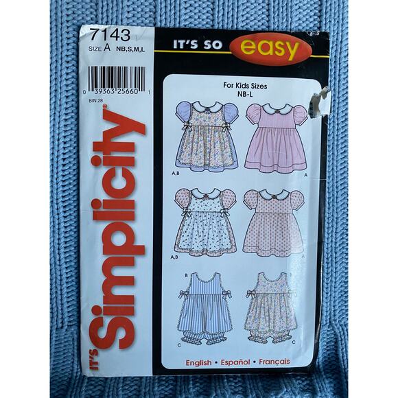 Simplicity 7143 Sewing pattern Baby dress jumper bloomers puff sleeve size NB-L - Picture 1 of 5
